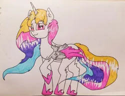 Size: 1280x978 | Tagged: safe, artist:arroblance, derpibooru import, oc, oc:rainbowwing, unofficial characters only, alicorn, pony, alicorn oc, female, folded wings, hoof shoes, horn, image, jpeg, looking at you, multicolored hair, multicolored mane, multicolored tail, raised hoof, simple background, solo, tail, traditional art, white background, wings
