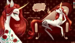 Size: 1920x1114 | Tagged: safe, artist:pessadie, derpibooru import, oc, unofficial characters only, pony, unicorn, bedroom eyes, couch, draw me like one of your french girls, duo, flower, glow, glowing horn, grin, horn, image, jpeg, magic, reference sheet, rose, smiling, tattoo, telekinesis, unicorn oc