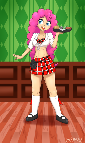 Size: 720x1200 | Tagged: suggestive, artist:empyu, derpibooru import, pinkie pie, human, belly button, breasts, cleavage, clothes, food, humanized, image, kilt, open mouth, png, shoes, skirt, socks, waiter