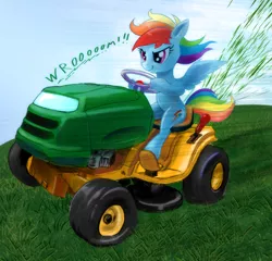 Size: 1950x1873 | Tagged: source needed, safe, artist:bananax, derpibooru import, rainbow dash, pegasus, pony, driving, female, image, jpeg, lawn mower, mare