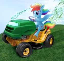 Size: 1950x1873 | Tagged: source needed, safe, artist:bananax, derpibooru import, rainbow dash, pegasus, pony, driving, female, image, jpeg, lawn mower, mare