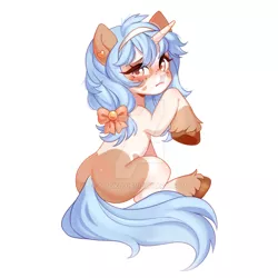 Size: 1024x1024 | Tagged: safe, artist:miioko, derpibooru import, oc, unofficial characters only, pony, unicorn, blushing, bow, frown, hair bow, horn, image, jpeg, raised hoof, simple background, sitting, solo, unicorn oc, unshorn fetlocks, white background