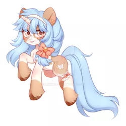 Size: 1024x1024 | Tagged: safe, artist:miioko, derpibooru import, oc, unofficial characters only, pony, unicorn, bow, deviantart watermark, female, hair bow, horn, image, jpeg, mare, obtrusive watermark, simple background, smiling, solo, unicorn oc, unshorn fetlocks, watermark, white background