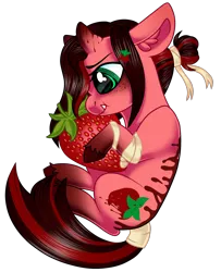 Size: 1421x1749 | Tagged: safe, artist:moonert, derpibooru import, oc, unofficial characters only, pony, unicorn, ear fluff, eyelashes, female, food, horn, hug, image, mare, micro, png, simple background, solo, strawberry, tail, tail wrap, transparent background, unicorn oc