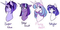 Size: 2600x1300 | Tagged: safe, artist:purplegrim40, derpibooru import, princess flurry heart, oc, alicorn, pony, unicorn, bust, female, horn, image, magical lesbian spawn, mare, offspring, older, older flurry heart, parent:princess cadance, parent:shining armor, parent:tempest shadow, parent:twilight sparkle, parents:shiningcadance, parents:tempestlight, png, simple background, story included, unicorn oc, white background