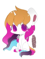 Size: 973x1279 | Tagged: safe, artist:rhyme, derpibooru import, oc, oc:rainbowwing, unofficial characters only, alicorn, :<, alicorn oc, behaving like a cat, big ears, big eyes, ear fluff, female, folded wings, hoof shoes, horn, image, looking at you, multicolored hair, multicolored mane, multicolored tail, png, simple background, sitting, solo, tail, white background, wings