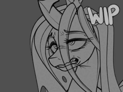 Size: 400x300 | Tagged: safe, artist:dimwitdog, derpibooru import, queen chrysalis, changeling, changeling queen, animated, blinking, bust, eyelashes, eyes rolling back, female, floppy ears, grayscale, gritted teeth, image, monochrome, no sound, solo, teeth, webm, wip