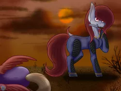 Size: 4000x3000 | Tagged: grimdark, artist:kaisharkdoggo, derpibooru import, oc, oc:agent 19, oc:markerlight, earth pony, pegasus, fallout equestria, fallout equestria: dead tree, clothes, dead tree, image, imminent death, imminent murder, jumpsuit, knife, png, red coat, red mane, shadowbolts, sleeping, sunset, tree, vault suit, wasteland, white coat
