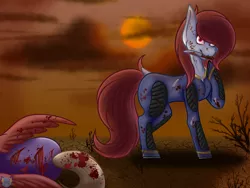 Size: 4000x3000 | Tagged: grimdark, artist:kaisharkdoggo, derpibooru import, oc, oc:agent 19, oc:markerlight, earth pony, pegasus, fallout equestria, fallout equestria: dead tree, blood, blood on face, clothes, dead tree, defensive wounds, image, jumpsuit, knife, murder, png, red coat, red mane, shadowbolts, stabbed, sunset, torn clothes, tree, vault suit, wasteland, white coat