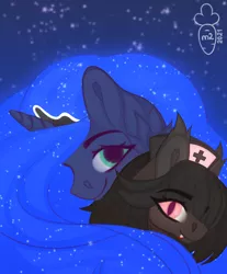 Size: 1152x1388 | Tagged: safe, artist:macyw, derpibooru import, princess luna, oc, oc:blood bank, alicorn, bat pony, blood, ear fluff, fangs, hat, image, jewelry, nurse hat, png, regalia, smiling, stars, streets of chicolt: a totally legitimate business venture