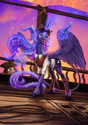 Size: 2480x3508 | Tagged: safe, artist:dalagar, derpibooru import, princess luna, ponified, alicorn, classical unicorn, pony, unicorn, clothes, cloven hooves, compass, constellation, duo, female, glow, glowing horn, gun, handgun, hat, horn, image, jack sparrow, leonine tail, magic, mare, open mouth, open smile, pirate, pirate hat, pistol, png, rope, ship, smiling, solo focus, sword, telekinesis, unshorn fetlocks, vest, weapon