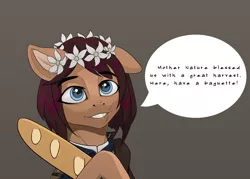 Size: 2800x2000 | Tagged: safe, artist:callsign-echo, derpibooru import, oc, oc:rouge guirlande, unofficial characters only, earth pony, pony, equestria at war mod, baguette, bread, bust, clothes, female, floral head wreath, flower, food, image, mare, military, military uniform, png, portrait, solo, speech, speech bubble, talking, text, uniform, wreath