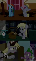 Size: 1280x2160 | Tagged: safe, edit, edited screencap, editor:jerryakiraclassics19, screencap, derpy hooves, rainbow dash, spike, dragon, pegasus, pony, slice of life (episode), the last roundup, the point of no return, '90s, clothes, female, food, hat, image, mailmare, mailmare hat, mailmare uniform, male, mare, muffin, png, winged spike