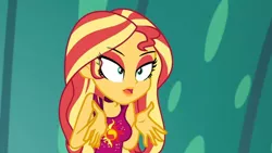 Size: 1280x720 | Tagged: suggestive, artist:sapphire, derpibooru import, edit, edited screencap, editor:sapphire, screencap, sunset shimmer, equestria girls, equestria girls series, spring breakdown, spoiler:eqg series (season 2), breasts, busty sunset shimmer, eyeshadow, female, image, lipstick, makeup, png, sleeveless, solo, solo female