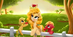 Size: 2971x1500 | Tagged: safe, artist:darksly, derpibooru import, apple bloom, applejack, big macintosh, pear butter, earth pony, pony, adorabloom, apple, apple siblings, apple sisters, baby, baby apple bloom, brother and sister, colt, colt big macintosh, crossed hooves, cute, family, female, fence, filly, filly applejack, foal, food, grass, image, jackabetes, jpeg, macabetes, male, mother and child, mother and daughter, mother and son, mother's day, mouth hold, open mouth, open smile, orchard, pear, pearabetes, pony hat, siblings, sisters, smiling, tree, younger