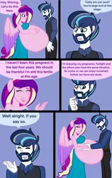 Size: 2400x3800 | Tagged: safe, alternate version, artist:chelseawest, derpibooru import, princess cadance, shining armor, human, equestria girls, bedroom eyes, belly, big belly, blushing, comic, concerned, couple, cute, eye contact, facial hair, female, grey hair, hand on belly, huge belly, husband and wife, hyper, hyper belly, hyper pregnancy, image, impossibly large belly, kicking, looking at each other, looking at someone, male, married couple, married couples doing married things, multiple pregnancy, older, png, ponied up, pregdance, pregnant, pregnant equestria girls, remake, shiningcadance, shipping, sigh, signature, speech, speech bubble, straight, talking, worried