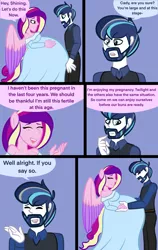 Size: 2400x3800 | Tagged: safe, alternate version, artist:chelseawest, derpibooru import, princess cadance, shining armor, human, equestria girls, bedroom eyes, belly, big belly, blushing, clothes, comic, concerned, couple, cute, dress, eye contact, facial hair, female, grey hair, hand on belly, huge belly, husband and wife, hyper, hyper belly, hyper pregnancy, image, impossibly large belly, kicking, looking at each other, looking at someone, male, married couple, married couples doing married things, multiple pregnancy, older, png, ponied up, pregdance, pregnant, pregnant equestria girls, remake, shiningcadance, shipping, sigh, signature, speech, speech bubble, straight, talking, worried