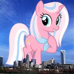 Size: 1964x1973 | Tagged: safe, artist:cheezedoodle96, artist:thegiantponyfan, derpibooru import, edit, clear sky, pony, unicorn, charlotte, female, giant pony, giant unicorn, giantess, grin, highrise ponies, hoof on chest, image, irl, jpeg, looking at you, macro, mare, mega giant, neckerchief, north carolina, photo, ponies in real life, smiling, solo