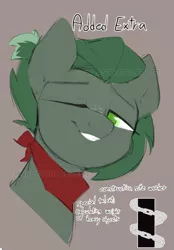 Size: 555x796 | Tagged: safe, artist:angrylittlerodent, derpibooru import, oc, oc:added extra, unofficial characters only, earth pony, adoptable, cutie mark, freckles, grin, image, neckerchief, png, ponytail, reference sheet, simple background, smiling, watermark