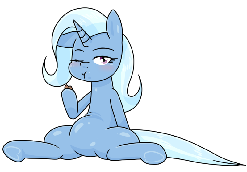 Size: 888x619 | Tagged: safe, alternate version, artist:batipin, derpibooru import, trixie, pony, unicorn, chubby, chubby trixie, cinnamon nuts, eating, female, food, image, mare, one eye closed, peanuts, png, simple background, solo, transparent background