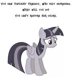 Size: 2390x2571 | Tagged: safe, artist:wardex101, derpibooru import, twilight sparkle, twilight sparkle (alicorn), alicorn, depressed, discorded, discorded twilight, image, meme, png, sad, simple background, text, twilight tragedy, white background