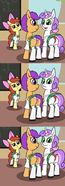 Size: 1130x3240 | Tagged: suggestive, artist:happy harvey, derpibooru import, apple bloom, scootaloo, sweetie belle, earth pony, pegasus, pony, unicorn, bow, butt, chalkboard, clothes, comic, cute, cutie mark crusaders, drawn on phone, female, filly, foal, foalcon, hair bow, image, looking at each other, looking at someone, looking at you, looking back, panties, png, presenting, school uniform, schoolgirl, shirt, shoes, skirt, skirt lift, socks, sweetie butt, talking, thigh highs, tree, underage, underwear, upskirt, window