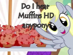 Size: 381x290 | Tagged: safe, artist:misterdavey, derpibooru import, derpy hooves, pegasus, pony, cupcakes hd, fanfic:cupcakes, derp, female, food, image, mare, muffin, open mouth, oven mitts, png, smiling, spread wings, wings, youtube link