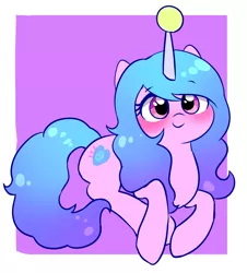 Size: 2191x2421 | Tagged: safe, artist:leo19969525, derpibooru import, izzy moonbow, pony, unicorn, ball, blue hair, blue tail, blushing, cutie mark, female, g5, hair, horn, image, jpeg, looking at you, simple background, smiling, smiling at you, solo, tail