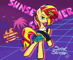 Size: 1280x1051 | Tagged: safe, artist:sallycars, derpibooru import, sunset shimmer, pony, unicorn, 80s, bedroom eyes, bipedal, butt, clothes, female, image, jpeg, looking at you, looking back, looking back at you, mare, ms paint, plot, shorts, torn clothes