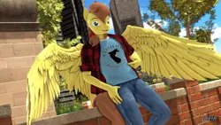 Size: 1920x1080 | Tagged: safe, artist:anthroponiessfm, derpibooru import, oc, oc:rory kenneigh, anthro, pegasus, anthro oc, clothes, image, jeans, looking at you, male, pants, png, pointing, shirt, t-shirt