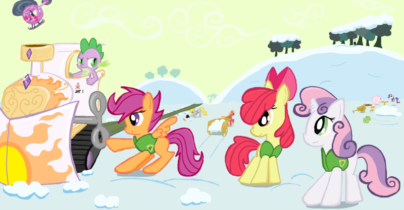 Size: 1750x912 | Tagged: safe, artist:sallycars, derpibooru import, apple bloom, big macintosh, derpy hooves, pinkie pie, rarity, scootaloo, spike, sweetie belle, oc, oc:fluffle puff, dragon, earth pony, pegasus, pony, unicorn, 2014, apple bloom's bow, bow, cutie mark crusaders, female, filly, foal, hair bow, helicopter, image, male, mare, ms paint, png, slenderpony, snow, stallion, winter wrap up vest