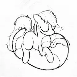 Size: 1841x1840 | Tagged: safe, artist:mizhisha, derpibooru import, applejack, balloon, balloon riding, balloon sitting, black and white, eyes closed, grayscale, heart, image, jpeg, kissing, missing accessory, monochrome, pencil drawing, sketch, solo, that pony sure does love balloons, traditional art