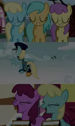 Size: 1280x2160 | Tagged: safe, edit, edited screencap, editor:jerryakiraclassics19, screencap, admiral fairy flight, berry punch, berryshine, parasol, sassaflash, sunshower raindrops, earth pony, pegasus, pony, a friend in deed, fame and misfortune, testing testing 1-2-3, '90s, clothes, costume, eyes closed, female, friendship journal, image, laughing, mare, open mouth, png, spread wings, wings