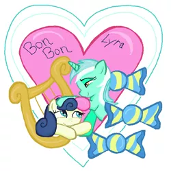 Size: 762x760 | Tagged: safe, artist:sallycars, derpibooru import, bon bon, lyra heartstrings, sweetie drops, earth pony, pony, unicorn, 2017, female, heart, image, lesbian, lyrabon, mare, ms paint, png, shipping, simple background, white background