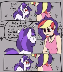 Size: 1085x1231 | Tagged: suggestive, artist:thebathwaterhero, derpibooru import, oc, oc:crystal rose, oc:starchaser, unofficial characters only, human, pony, unicorn, age difference, colt, foal, hey kid ever get your dick suck by a, image, implied foalcon, implied underage, male, meme, png, woman