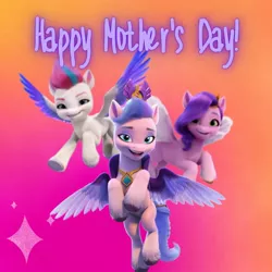 Size: 1080x1080 | Tagged: safe, derpibooru import, pipp petals, queen haven, zipp storm, pegasus, abstract background, flying, g5, image, jpeg, looking at you, mother's day