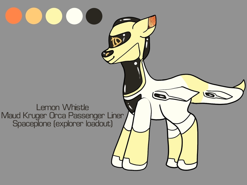 Size: 2160x1620 | Tagged: artist needed, safe, derpibooru import, oc, oc:lemon whistle, ponified, unofficial characters only, object pony, original species, spaceship ponies, fanfic:friendship drive charging, elite dangerous, full body, gray background, image, jpeg, reference sheet, simple background, smiling, solo, spaceship, standing