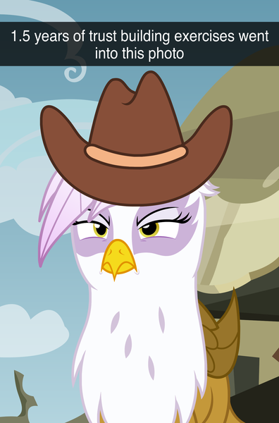 Size: 1493x2261 | Tagged: safe, artist:badumsquish, derpibooru import, gilda, gryphon, cowboy hat, derpibooru exclusive, female, folded wings, frown, glare, griffonstone, grumpy, hat, image, png, ponified animal photo, show accurate, solo, unamused, wings