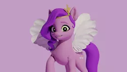 Size: 1280x720 | Tagged: safe, artist:cutthroadstreak, derpibooru import, pipp petals, pegasus, pony, my little pony: a new generation, 3d, blender, female, g5, grin, image, jpeg, mare, purple background, simple background, smiling, solo, spread wings, wings