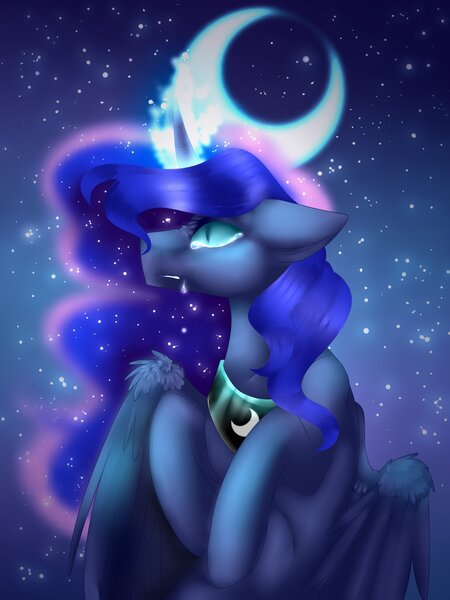 Size: 1500x2000 | Tagged: safe, artist:lucinda250, derpibooru import, princess luna, alicorn, pony, crescent moon, crying, female, glow, glowing horn, horn, image, jpeg, mare, moon, night, slit pupils, solo, stars