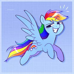 Size: 2500x2500 | Tagged: safe, artist:syrupyyy, derpibooru import, rainbow dash, pegasus, pony, abstract background, female, flying, grin, image, jpeg, looking back, raised eyebrow, smiling, smug, solo, spread wings, wings, wrong cutie mark
