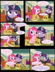 Size: 1042x1358 | Tagged: safe, artist:dendoctor, derpibooru import, mean twilight sparkle, pinkie pie, twilight sparkle, twilight sparkle (alicorn), alicorn, earth pony, pony, comic:clone.., alternate universe, clone, clothes, comic, diner, female, food, fork, glow, glowing horn, horn, image, jpeg, magic, pancakes, pepper, pinkie clone, plate, salt, taffy, telekinesis