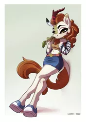 Size: 724x1024 | Tagged: safe, artist:lummh, derpibooru import, autumn blaze, anthro, kirin, belly button, belt, belt buckle, clothes, commission, female, image, jpeg, midriff, smiley face, solo, stick