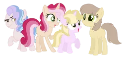 Size: 1280x587 | Tagged: safe, artist:monochrome-sunsets, derpibooru import, oc, unofficial characters only, earth pony, pony, unicorn, female, filly, foal, image, magical gay spawn, magical lesbian spawn, offspring, parent:caesar, parent:coconut cream, parent:cozy glow, parent:dinky hooves, parent:donut joe, parent:flim, parent:princess cadance, parent:zippoorwhill, png, simple background, transparent background