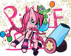 Size: 1977x1567 | Tagged: safe, artist:sallycars, derpibooru import, gummy, pinkie pie, alligator, earth pony, pony, 2016, balloon, confetti, female, image, mare, party cannon, png, tongue out
