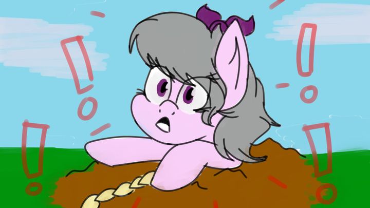 Size: 720x405 | Tagged: safe, derpibooru import, oc, oc:sweet tune, unofficial characters only, earth pony, pony, bow, cloud, exclamation point, female, hair bow, hole, image, jpeg, mare, rope, shocked, sky, stuck