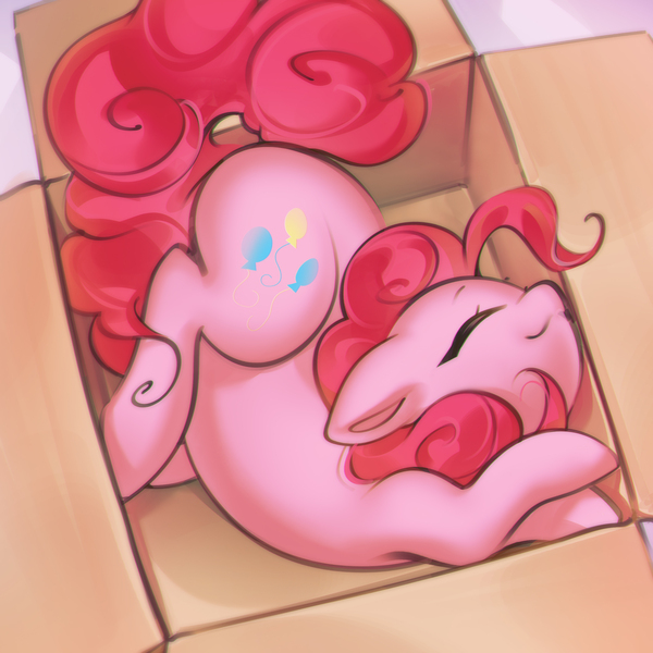 Size: 2671x2671 | Tagged: safe, artist:mirroredsea, derpibooru import, pinkie pie, earth pony, pony, behaving like a cat, box, cardboard box, cute, daaaaaaaaaaaw, diapinkes, eyes closed, female, high res, if i fits i sits, image, jpeg, mare, ponk, pony in a box, solo, stray strand, weapons-grade cute