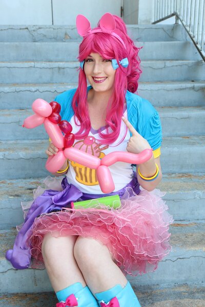 Size: 1366x2048 | Tagged: safe, derpibooru import, pinkie pie, human, balloon, balloon animal, clothes, cosplay, costume, image, irl, irl human, jpeg, photo, sitting, solo