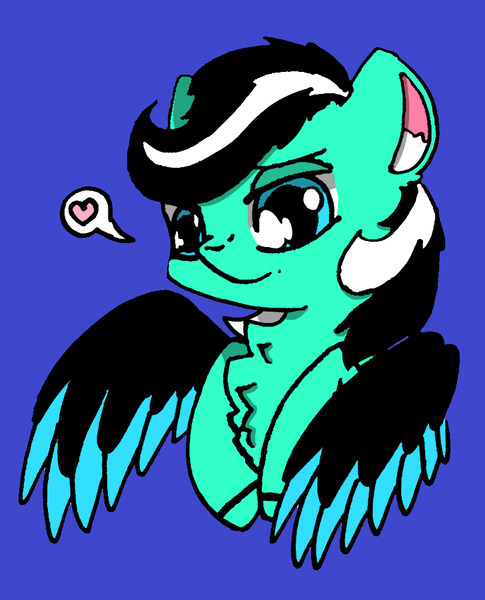 Size: 728x901 | Tagged: safe, artist:rainbowwing, derpibooru import, oc, oc:frostbite(zzy), unofficial characters only, pegasus, pony, black and white mane, blue background, ear fluff, hoof hold, image, looking at you, pegasus oc, png, simple background, smiling, solo, speech bubble, wings