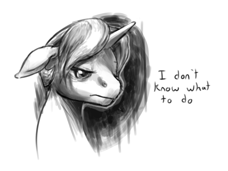 Size: 1200x900 | Tagged: safe, artist:multiverseequine, derpibooru import, oc, oc:golden trim, unofficial characters only, pony, unicorn, bust, derpibooru exclusive, dialogue, horn, image, looking down, male, monochrome, png, sad, simple background, solo, solo male, transparent background, vent art